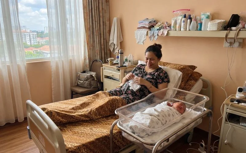 A quiet, softly lit postnatal recovery room in a confinement centre in Kuala Lumpur with a single bed and a small daybed for the newborn
