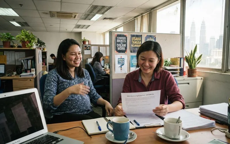 A pregnant employee reviewing paperwork with a human resources representative in an office setting