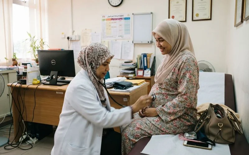 A female doctor in a headscarf consulting warmly with a pregnant patient in a clinic examination room