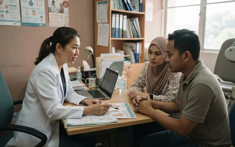 A calm consultation between a couple and a fertility specialist reviewing test results in a clinic office