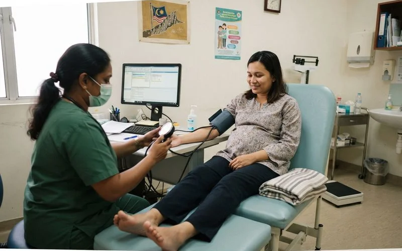 A calm consultation room in a Kuala Lumpur obstetrics clinic with an examination table and an ultrasound machine visible in the background