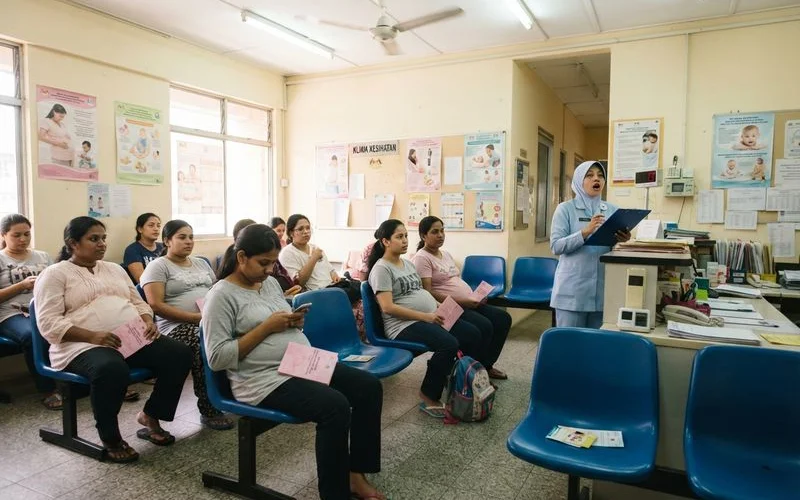 A waiting area at a government health clinic in Kuala Lumpur with patients seated and a reception counter in the background