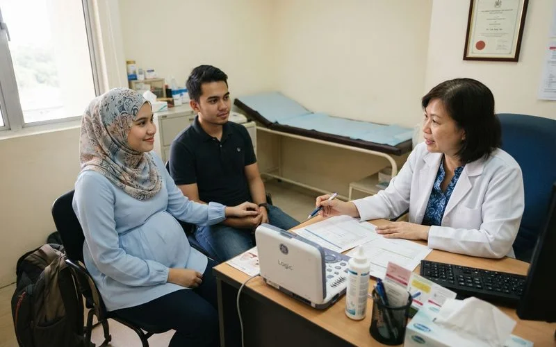 A doctor calmly reviewing scan results with a pregnant patient and her partner in a consultation room