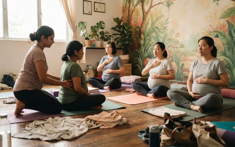 A small group of expecting parents practicing breathing techniques together during an in-person prenatal class