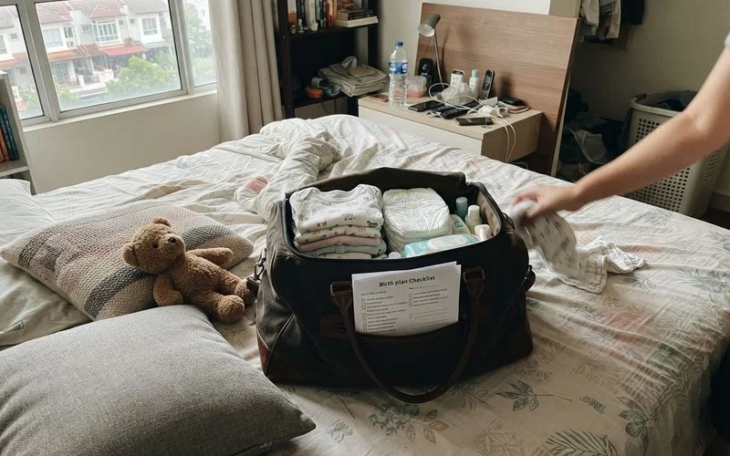 A packed hospital bag with folded baby clothes, documents and toiletries laid out on a bed
