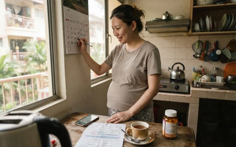 A pregnant woman marking dates on a wall calendar with a smartphone showing a checkup reminder nearby