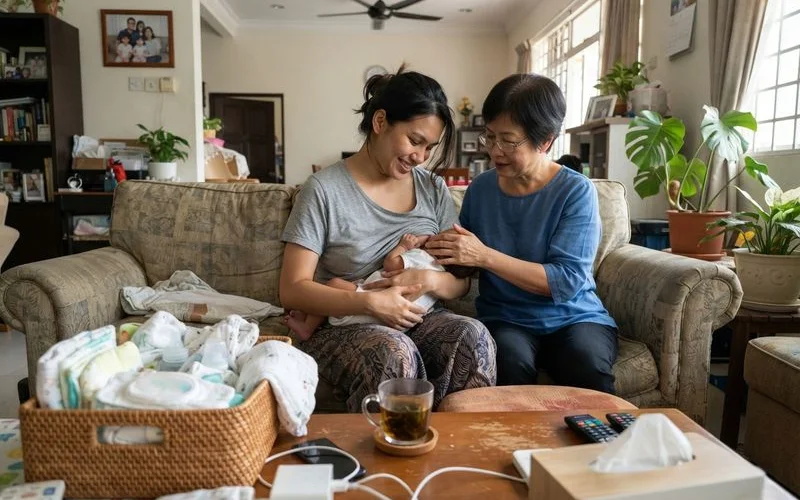 A supportive family member sitting beside a new mother holding her baby in a softly lit home setting