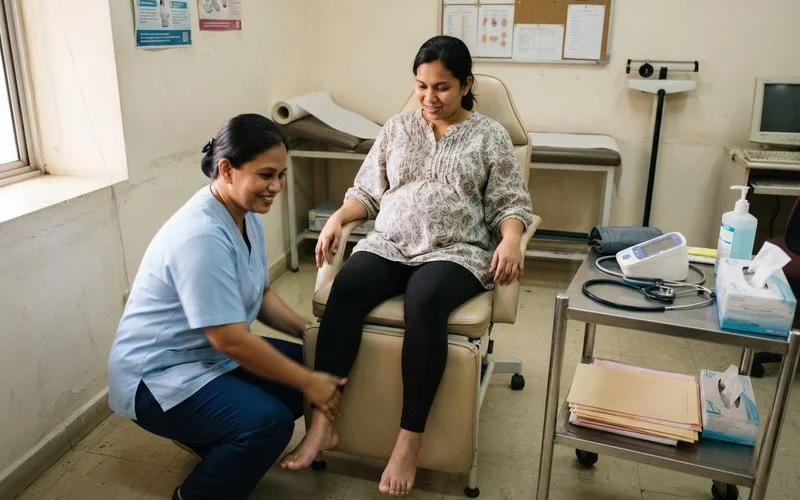 A calm nurse checking a pregnant patient's blood pressure in a clinic setting in Kuala Lumpur