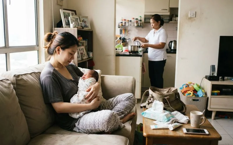 A new parent resting peacefully while a professional caregiver attends to the baby in a bright home nursery