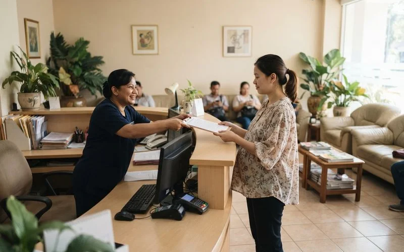 A newly arrived expat couple reviewing paperwork with a receptionist at a private clinic in Kuala Lumpur