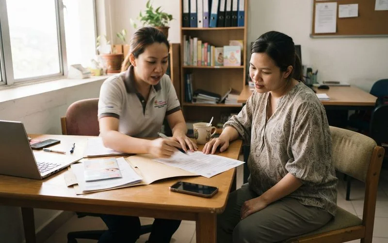 A person calmly reviewing a printed contract and taking notes at a table, preparing to raise a service concern