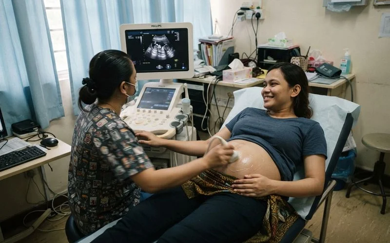 A technician performing a routine prenatal ultrasound scan on a patient in a clinic in Kuala Lumpur