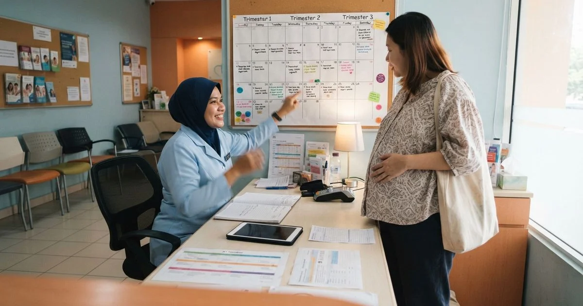A month-by-month timeline for pregnancy appointments and bookings in KL